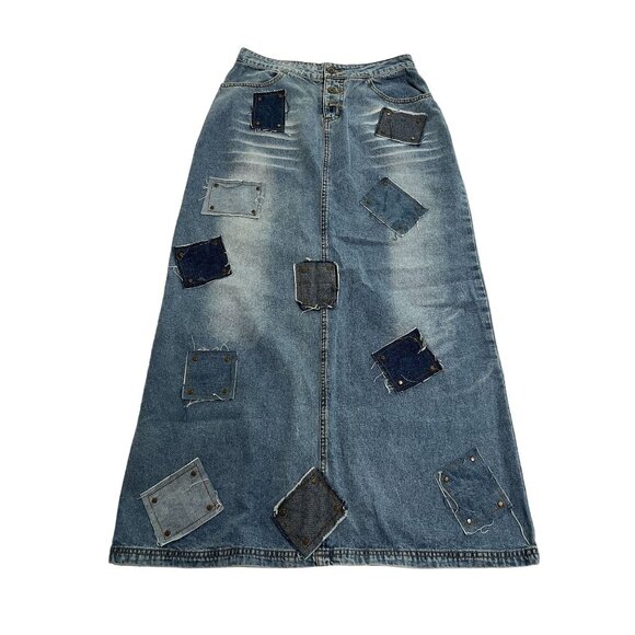 Sunshine Apparel Patchwork Midi Denim Skirt in Blue - Picture 1 of 3